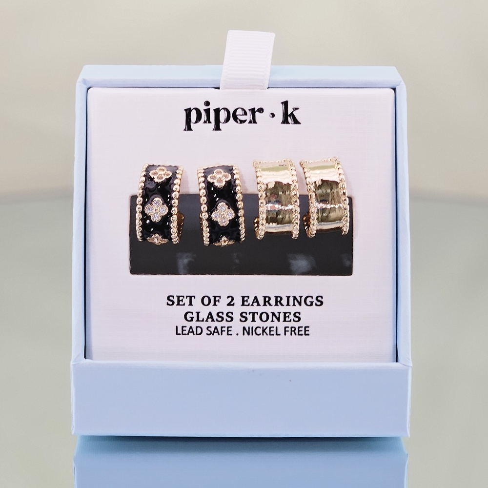 Piper K Earrings 2 Pairs of Hoop Earrings Black & Gold Tone Earrings Set Gifts - Picture 2 of 3